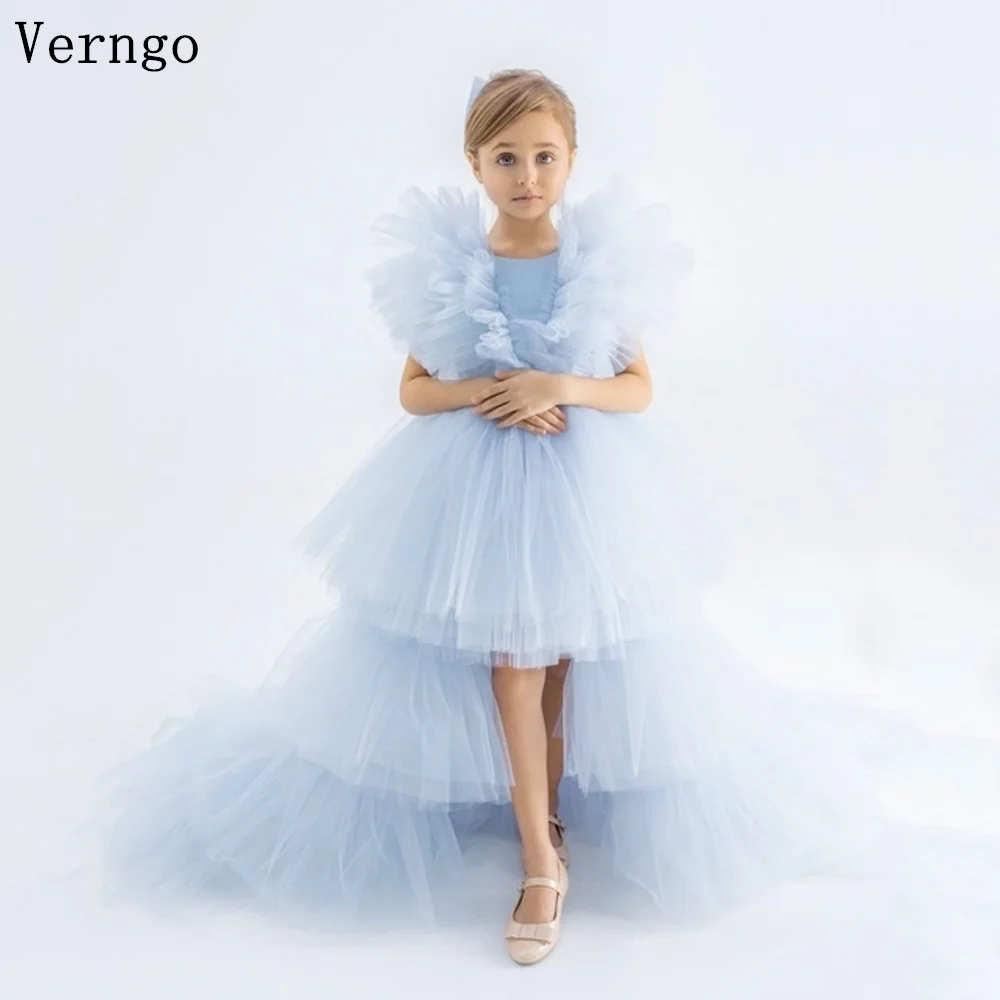 

Verngo Blue Tulle Baby Dress Short Sleeves A Line Tiered Birthday Party Dress Bow Back Sweap Train Tutu Dress Customized