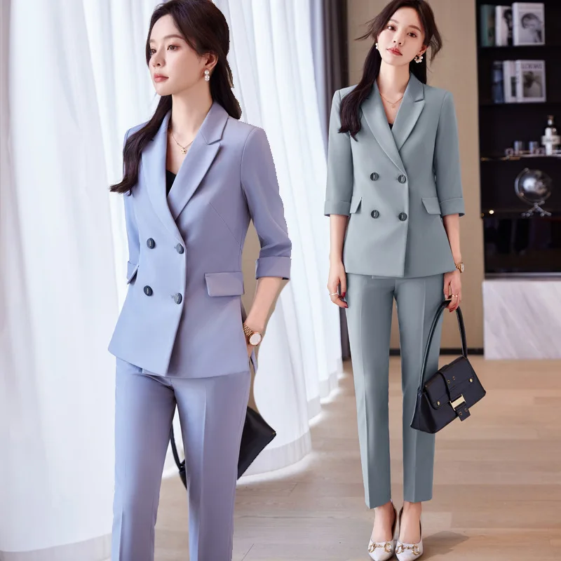 Double Breasted Suit Women's Spring New Business Suit Formal Wear High Sense 3/4 Sleeve Suit Work Clothes Leggings