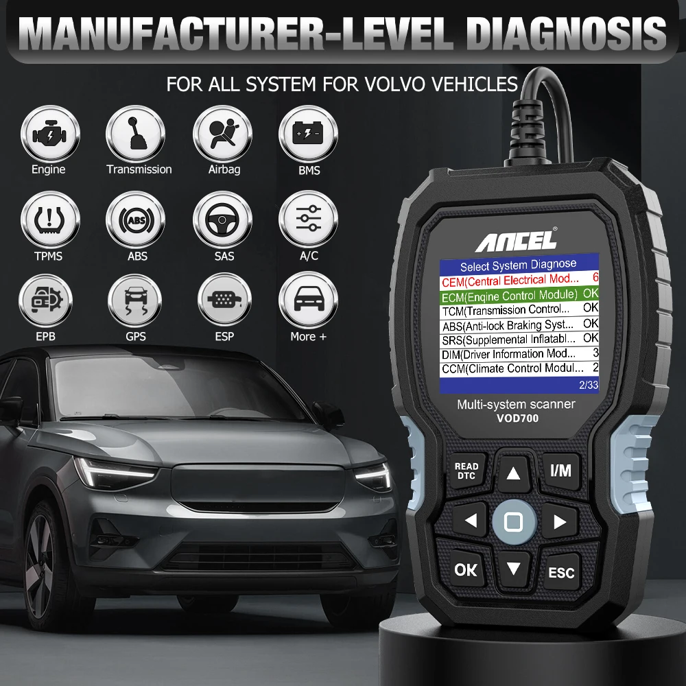 ANCEL VOD700 OBD2 Automotive Scanner for Volvo All System Car Code Reader ABS Oil BMS EPB TPMS DPF Reset  Diagnostic Scan Tool