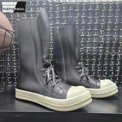 Men Genuine Leather Mid-Calf Boots Luxury Trainers Lovers High Top Boots Casual Lace-Up Zip Flats Hip Hop Male Shoes