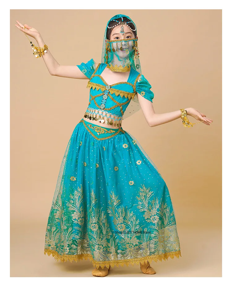 Indische Prinzessin Bauchtanz-Set für Kinder, orientalischer indischer Tanz, Sari, Mädchen-Performance-Kleidung, Bühnenkostüme für Kinder