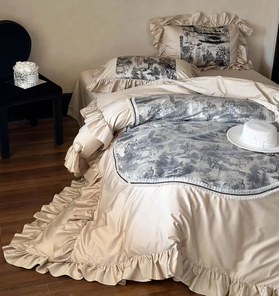 Elegante Europeu Landscape Bedding Set, lençol, fronha, colcha Cover, algodão, vintage, completo, rainha, rei, retro, casa, rosa