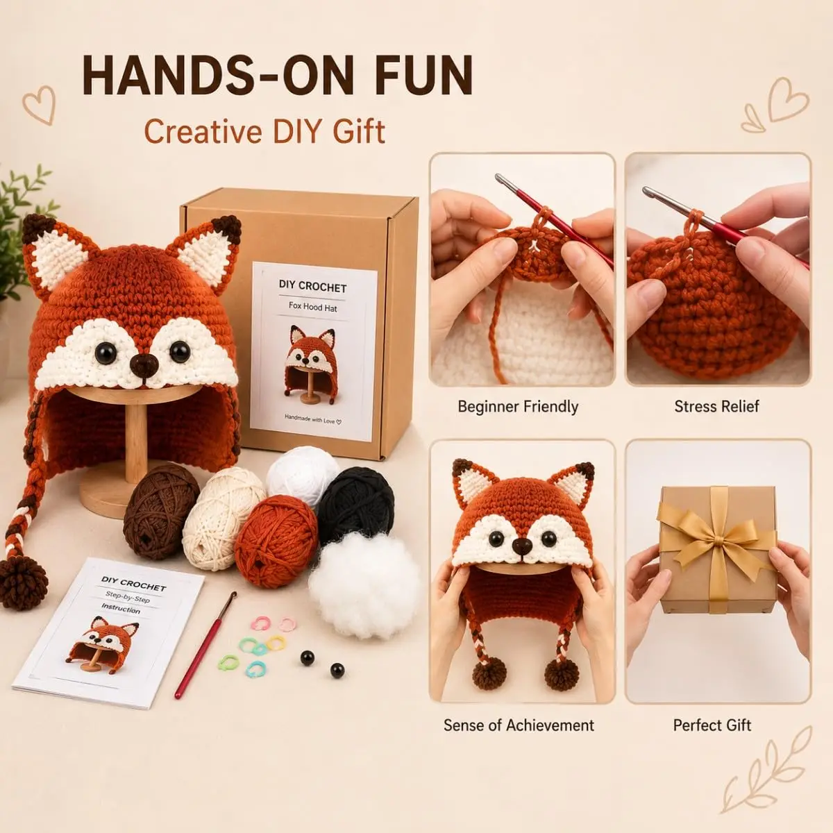Animal Hood Turkey Hat For Baby Beanie Goggles Complete Kit Including Essential Crochet Supplies