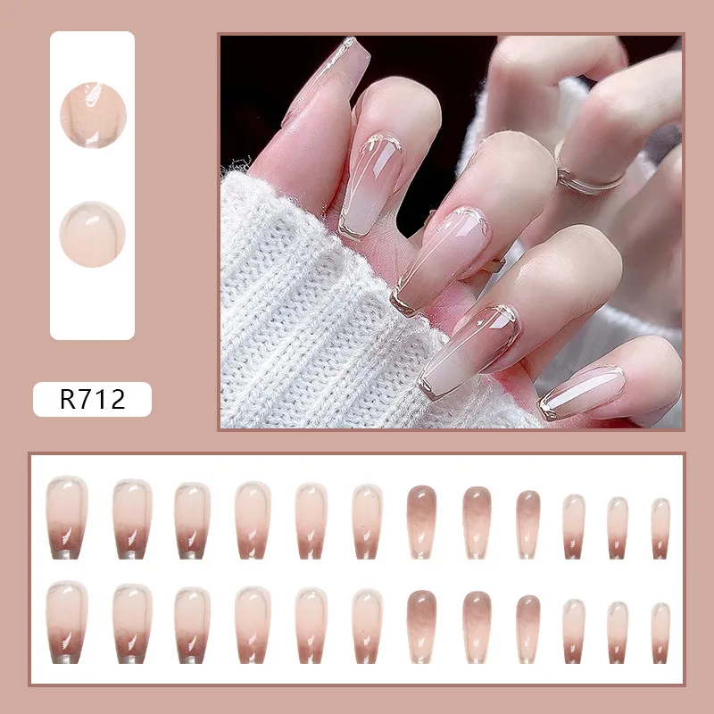 

24PCS Mocha Ombré Press-On Nails – Long Square Shape With Gold Foil Borders & Sheer Base (Luxury Ins Style)
