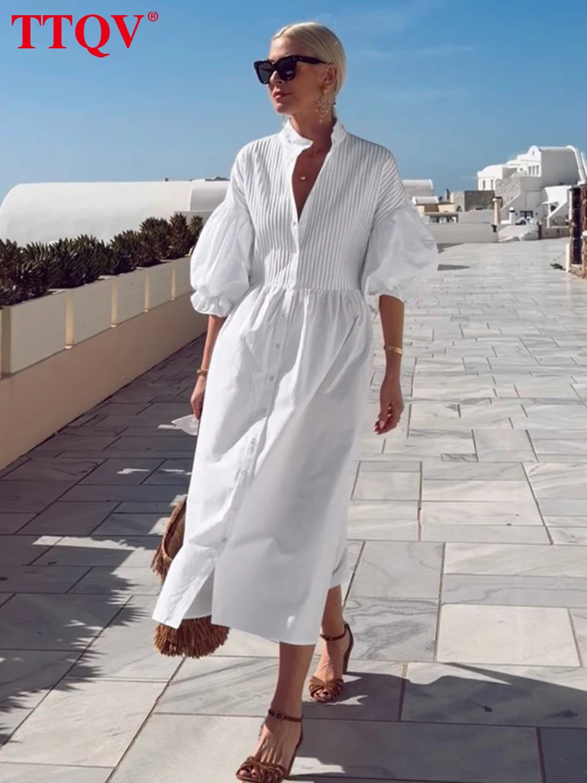 

TTQV Fashion Loose White Cotton Women's Dress Casual Stand Collar Half Sleeve Midi Dresses Elegant Classic Lace-Up Female Dress
