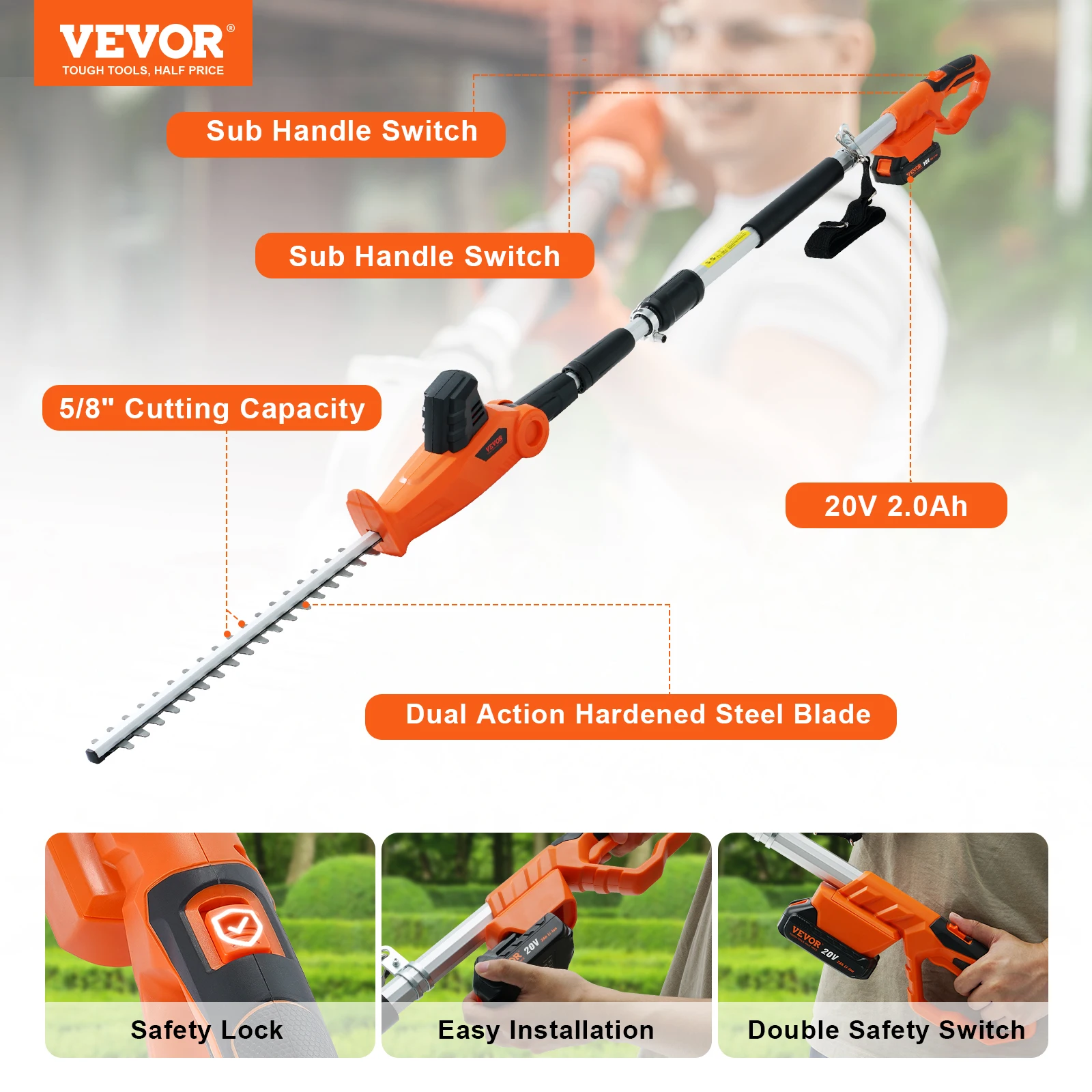 VEVOR Cordless Hedge Trimmer 18in Hedge Trimmer Kit  W/Double-edged Steel Blade Pole 74