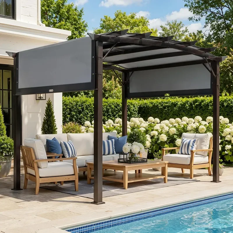9x 12 Outdoor Retractable Pergola Canopy with Adjustable Sun Shade for Deck Patio Metal Pergola for Porch Garden Yard