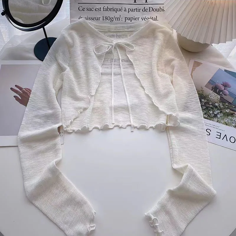 2025 Summer Women Thin Sunscreen Cardigan Solid Color Bow Lace Up Long Sleeve Crop Top Woman Korean Style Sun Protected Knitwear