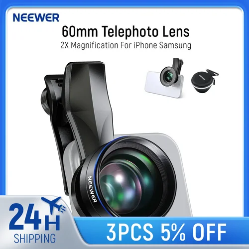NEEWER Teleobjetivo de 60 mm con clip para lente de teléfono de rosca de 17 mm y anillo adaptador de filtro de 67 mm, aumento 2X para iPhone Samsung
