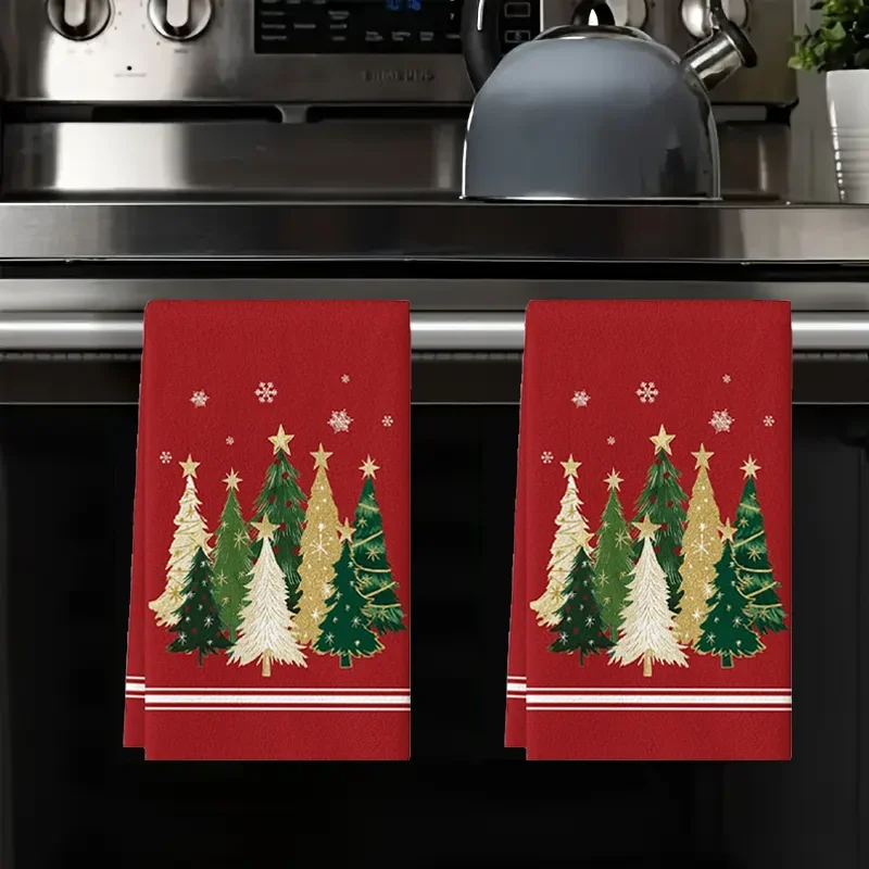 1 set of 2 pieces Pack Red Christmas Tree Kitchen Towels 40cmX60cm Holiday Home Essentials Towel Set Perfect Christmas Gift