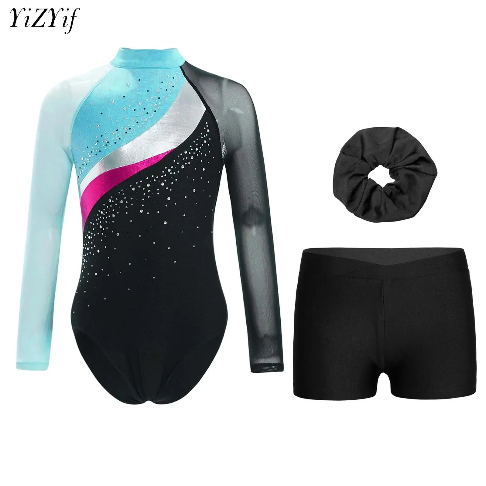 

Kids Girls Ballet Dance Leotard Outfit Figure Skating Costume Long Sleeve Shiny Rhinestone Gymnastics Bodysuit+Shorts+Hair Band