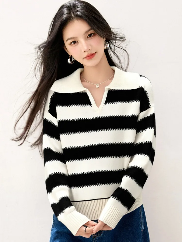 เสื้อสเวตเตอร์ไหมพรมลายทางลำลองสำหรับผู้หญิง คอวี แขนยาว ผ้าขนสัตว์ผสม ใส่สบาย ทรงหลวม รุ่นใหม่สำหรับฤดูใบไม้ร่วง คุณภาพพรีเมียม...