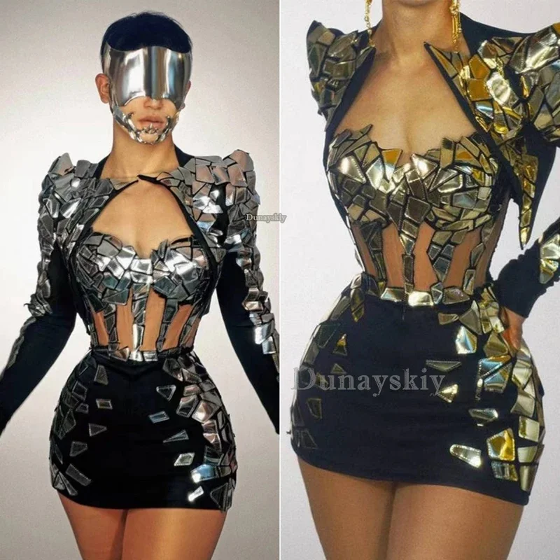 

Nightclub Bar Female Singer Mirror Costumes Gold And Silver Hollow Short Dress Women Gogo Cosplay Drag Queen Stage Party Dress