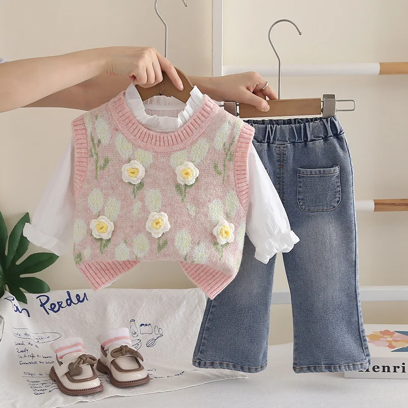 Girls Fall Set 2026 New Trendy Stylish Kids Spring Fall Five Flowers Sweater Clothes Baby Three Piece Set