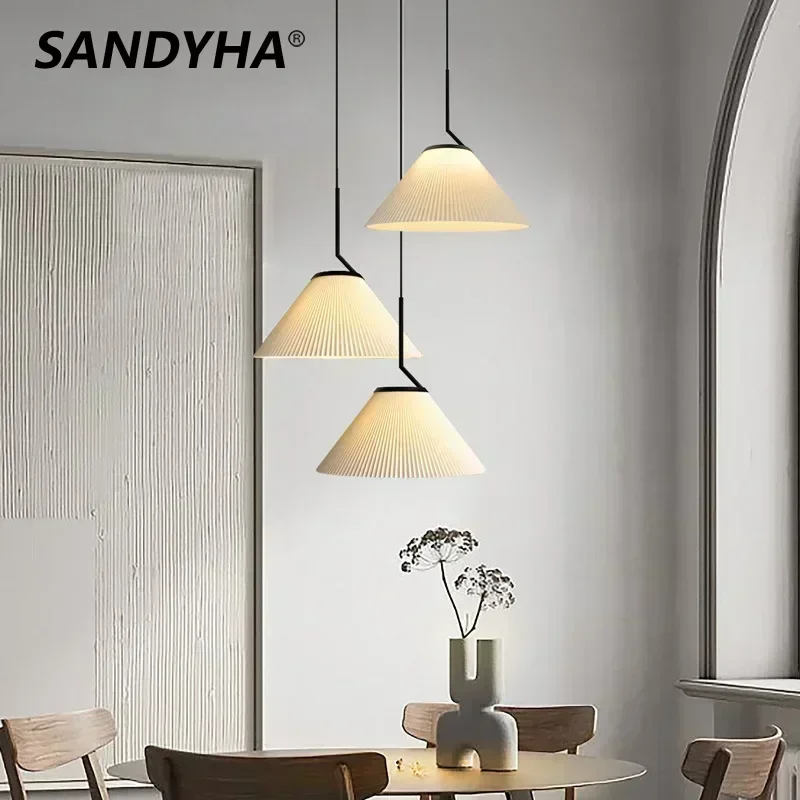 SANDYHA Modern Pleated Cream Chandelier LED Pendant Light for Living Room Dining Table Bedroom Loft