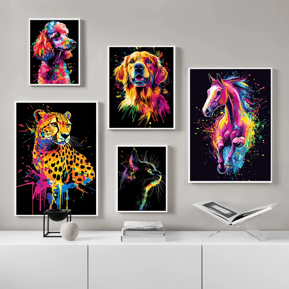 1pc frameless Canvas Painting Colorful Neon Animal Portrait Poster Abstract Llama Black Cat Giraffe Prints Canvas Painting Wall