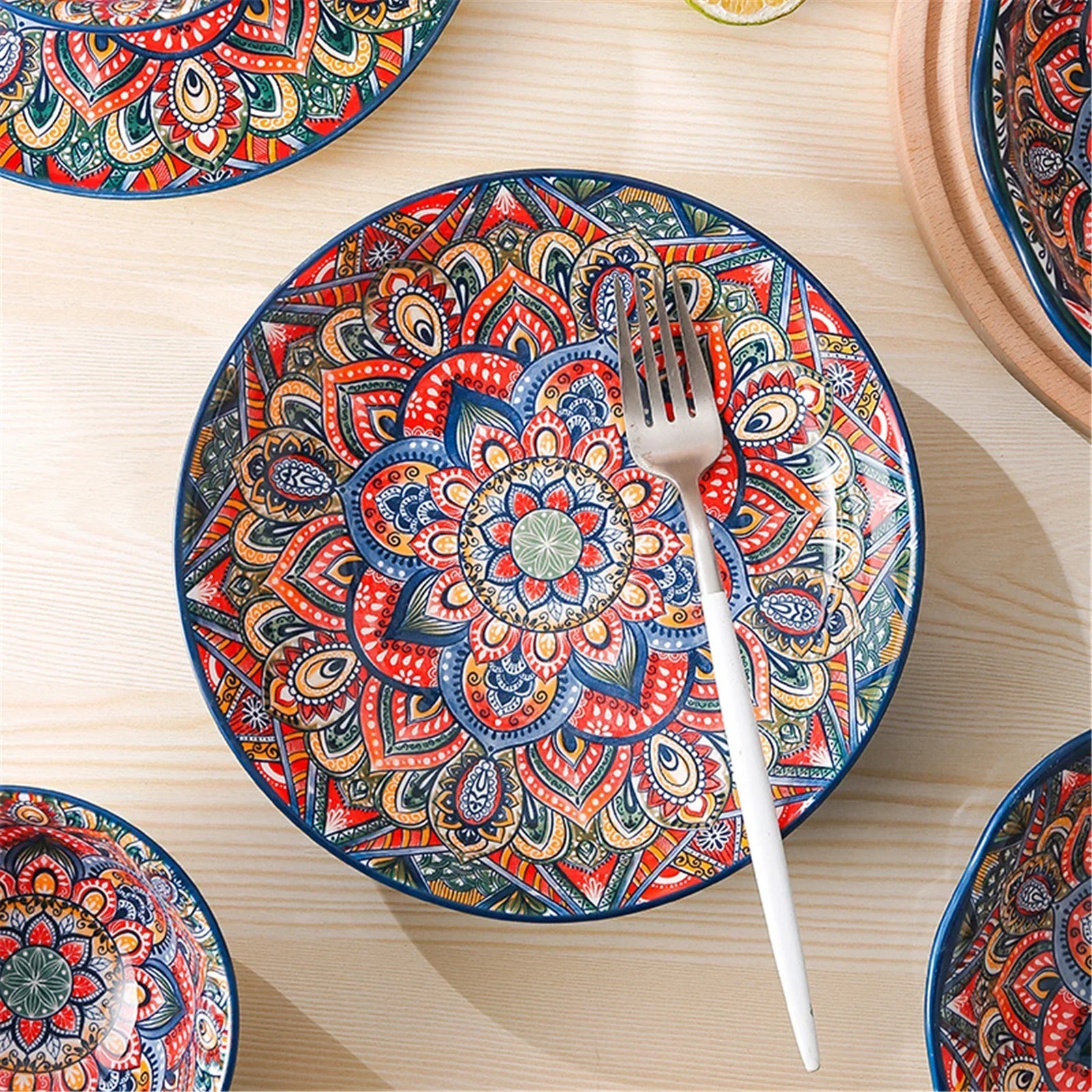 Bohemian Ceramic Dinnerware Set Floral Design Dinner Set Plates and Dishes Restaurant Tableware Plate Bowl Dish Soup Bowl