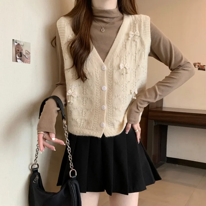 Sweater Vests Women V-neck Bow Knitted Japanese Sleeveless Slim Y2k Tops All-match Autumn New Sweet Girl Youthful Harajuku Ins