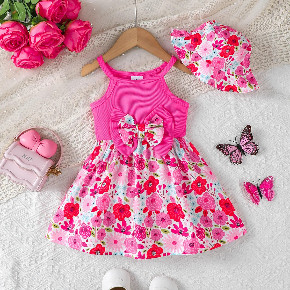 Baby girl summer dress sleeveless beautiful flower print vacation casual dress+hat 2pcs suitable for cute baby girls 0-3 Years