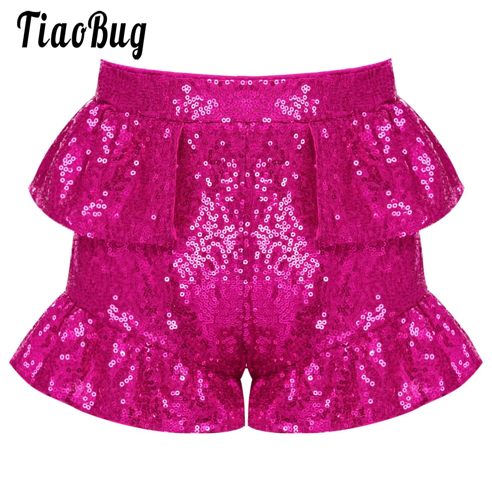 Kid Girls Glitter Ruffled Trims Shorts Allover Sequins Elastic Waistband Fully Lined Shorts Jazz Tango Dance Performance Costume