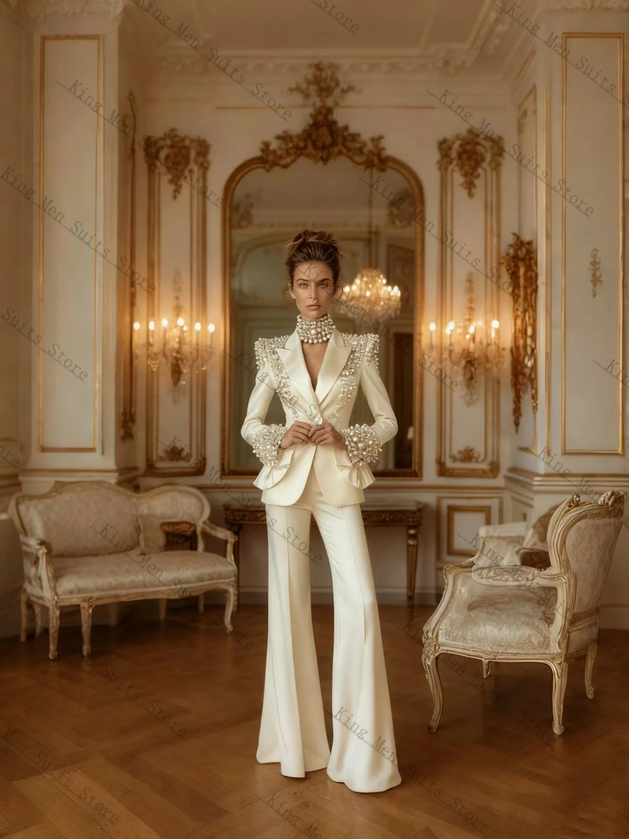 Beige Pearls Women Suit Set 2 Pcs Blazer+Flare Pants Trousers Luxury Customized Formal Guest Wedding Tuxedos Coat Jacket