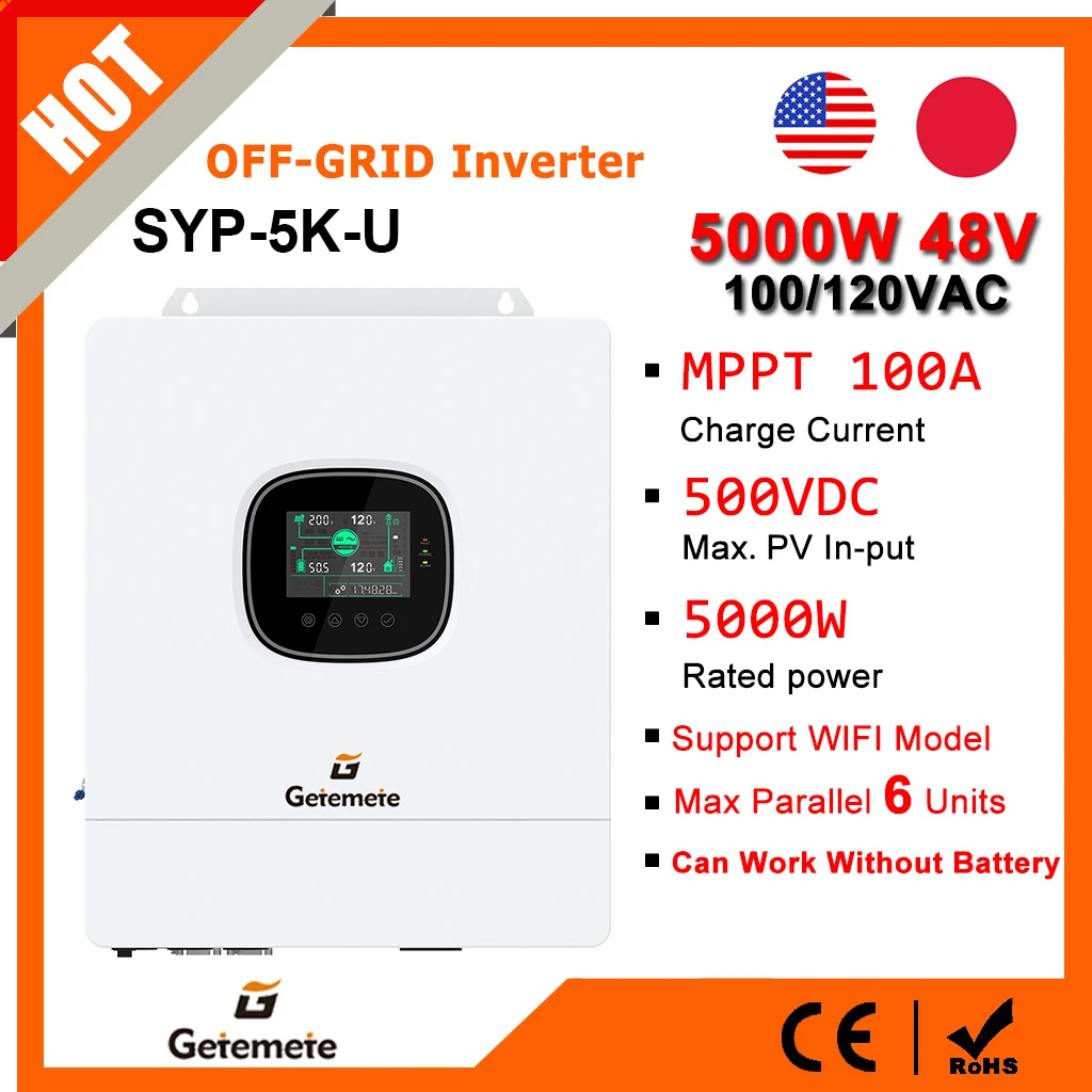 

GTMT 5KW Hybrid Solar Inverter 48V to 110VAC Off-grid/On-grid Inverter with Mppt 100A Charger Parallel 6pc Work without Battery