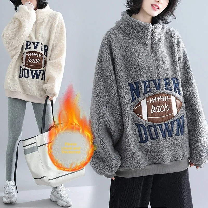 Sweat-shirt coréen doublé Sle Fce, grande taille, vêtements pour femmes, fourrure d'agneau brodée, ample, grande taille, col haut, T...