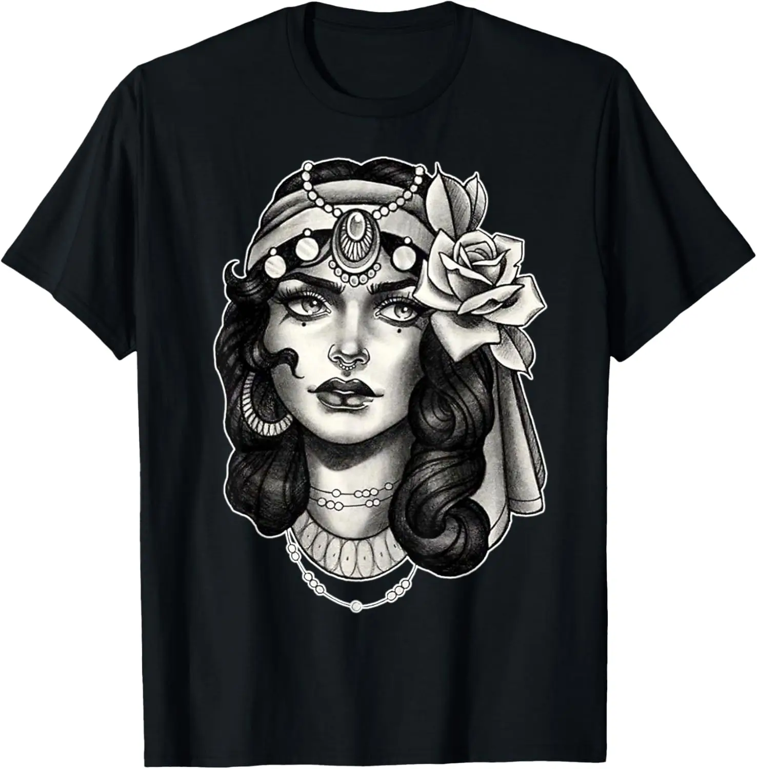 Pretty Girl Gypsy Fortune Teller X Rose Blackwork Flash T-Shirt 100% Cotton Trendy Y2K Short-Sleeve Tee-Soft, Quick-Drying,
