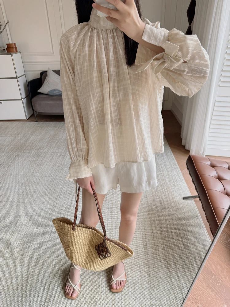 

Spring Romance Plaid Embroidered Fabric Stand Collar Knot Sve Long Sve irt Women's Loose Fit Cool Feeling