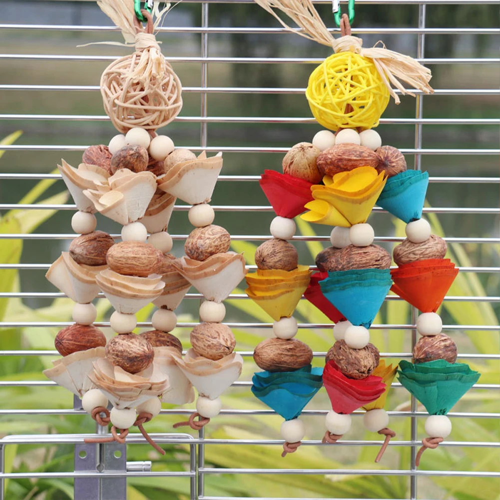 

Parrot Toys Bird Chewing Toys Colorful Natural Rattan Ball Bark Wood Beads String Bird Cage Bite Toy With Metal Hook For Macaws