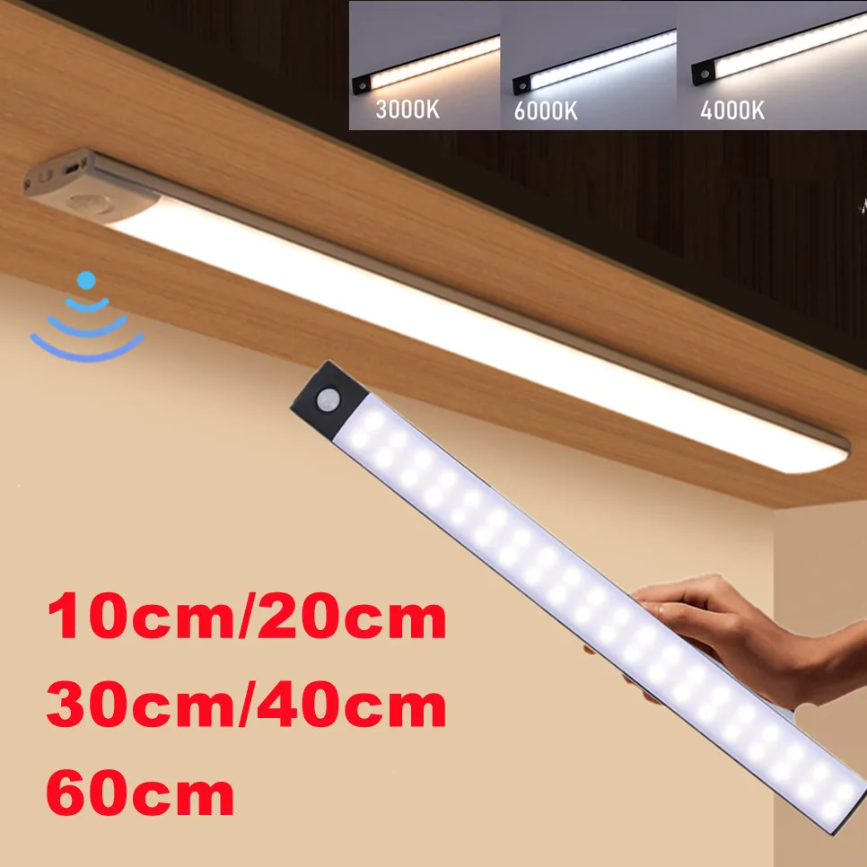 TxxCvv nuevo gabinete de luz USB recargable Sensor de movimiento luz Led para cocina armario iluminación 10 cm/20 cm/40 cm/60 cm LED