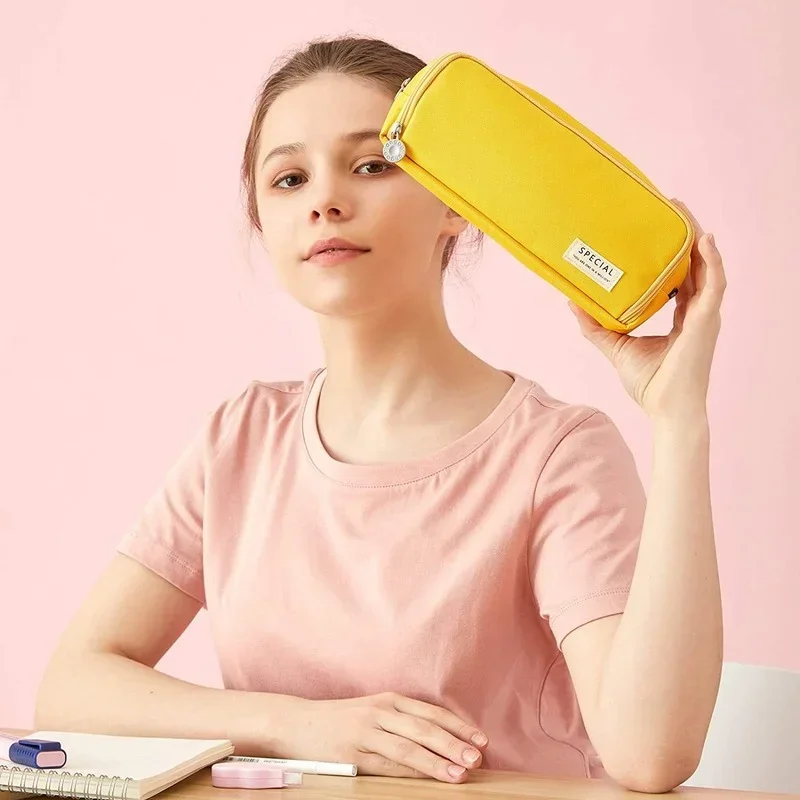 Double Side Macaron Color Canvas Pen Bag Storage Pouch Large Capacity Stationery for Junior High School Students