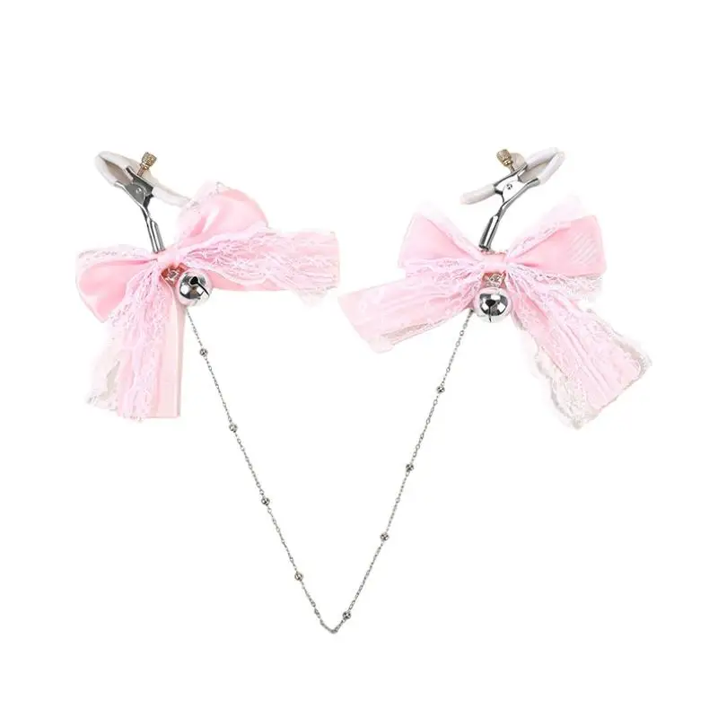 【SA】1 Pair Lace Butterfly Knot Bell Nipple Clamps Adult Toy With Chain Sexy Teasing Accessory Polyester Fabric Cute Girl Style - view 4