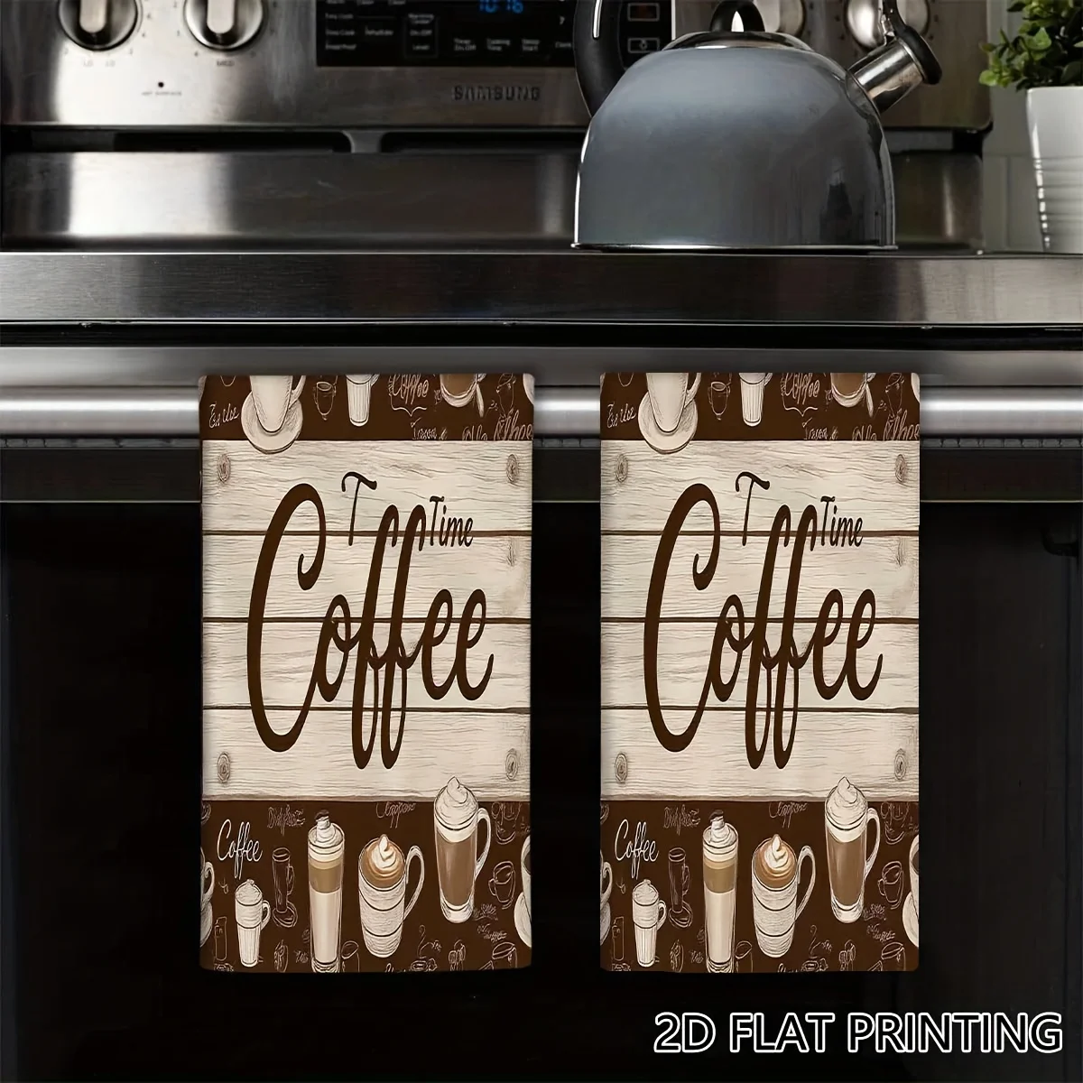 2 coffee-themed kitchen towels | Modern cartoon-style dish towels with patterned coffee beans, cups, and 