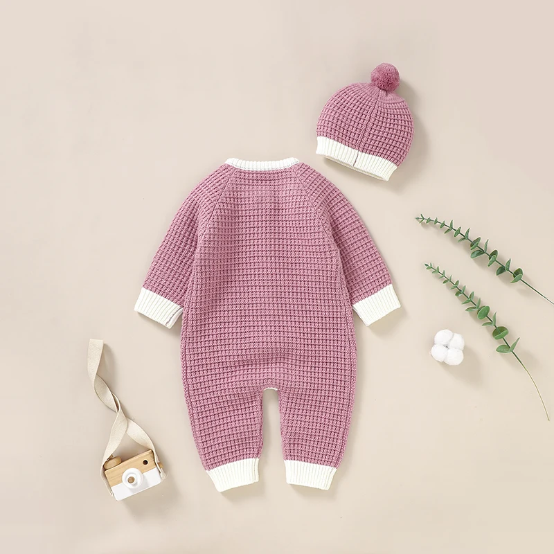 Newborn Baby Romper Knit Solid Infant Boy Girl Jumpsuit Outfits Long Sleeve Autumn Toddler 2PC Clothing Hat 0-18M Solid Overalls