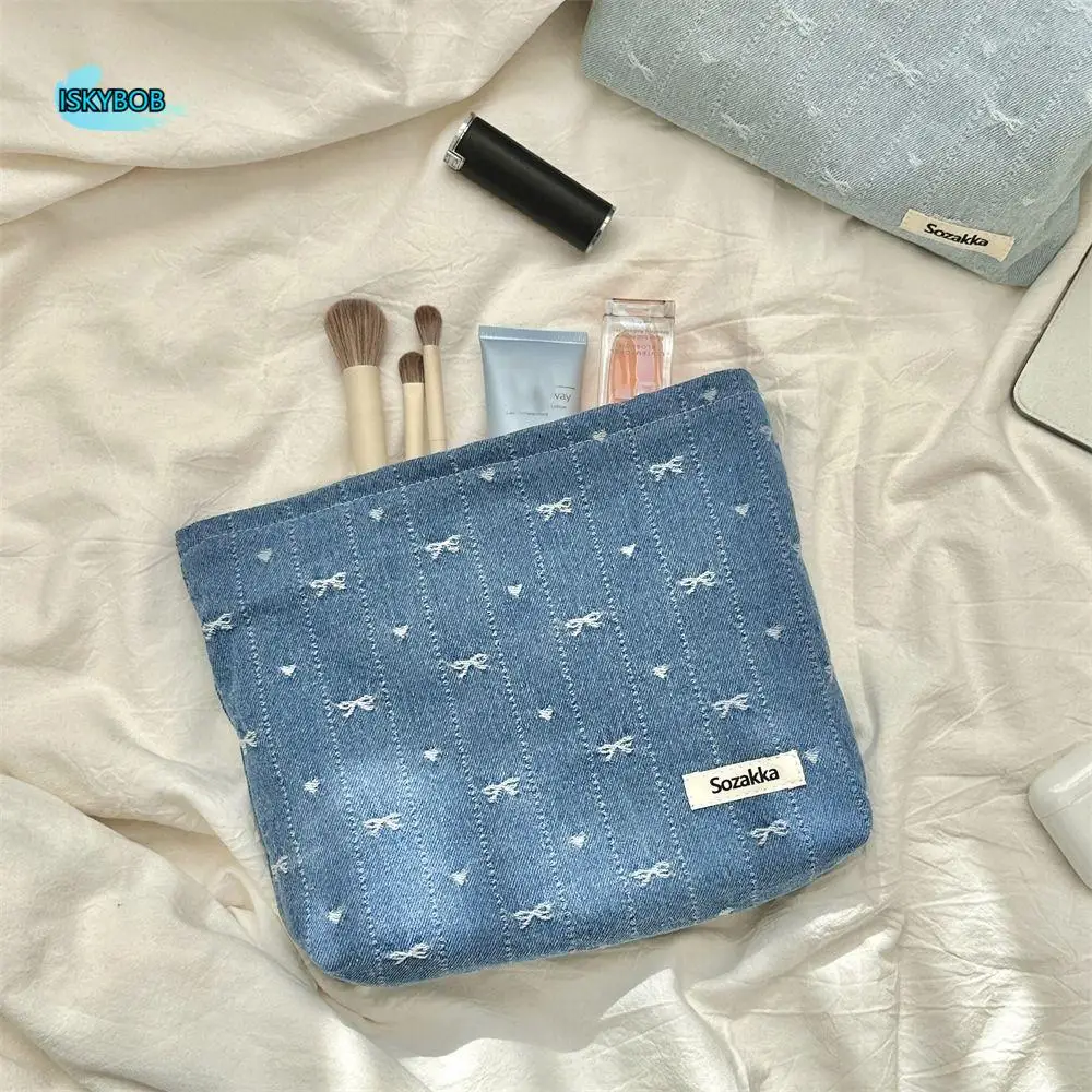 

Джинсовая косметичка на молнии, большая вместительная сумка-клатч с бантом, косметичка, органайзер для туалетных принадлежностей, многофункциональная женская сумка для хранения средств по уходу за кожей