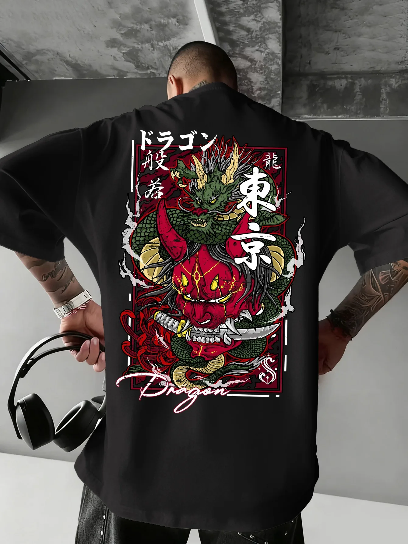Summer American-style Men Trendy T-shirt Loose Fit Suitable for Daily Wear Dragon Mask Pattern Comfortable Fashionable Versatile