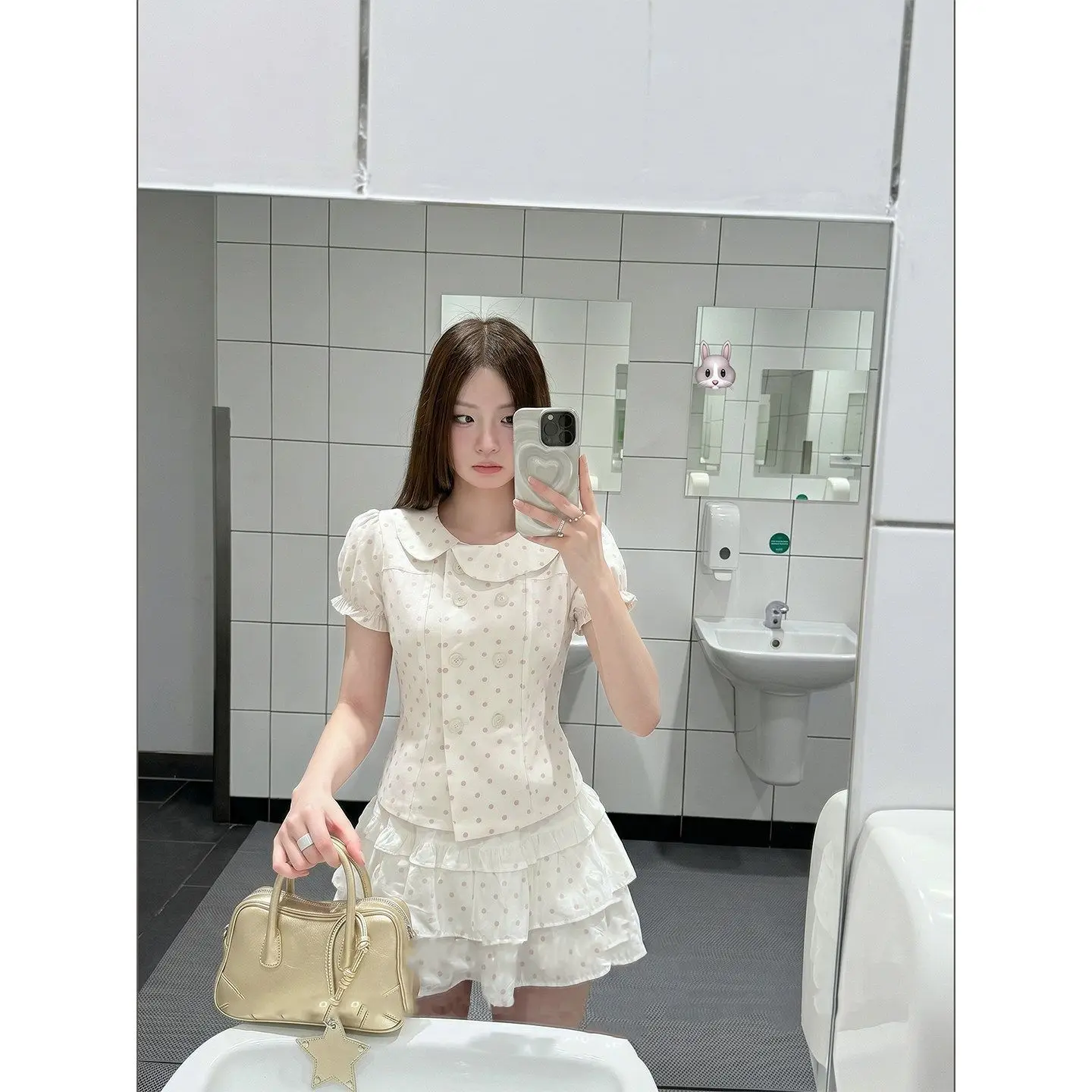 Kimotimo French Sweet Apricot Doll Collar Polka Dot Puff Sleeve Short Sleeve Shirt Women Summer Design Age-Reducing Gentle Top