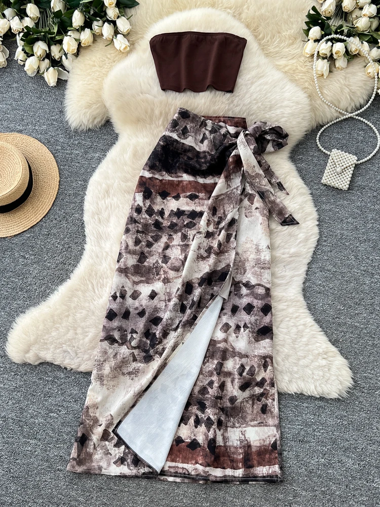 

Pure Desire Hot Girl Tube Top Strap Vest Top Summer Sexy Asymmetrical Skirt Two-Piece Set Traveling Women's Fashion