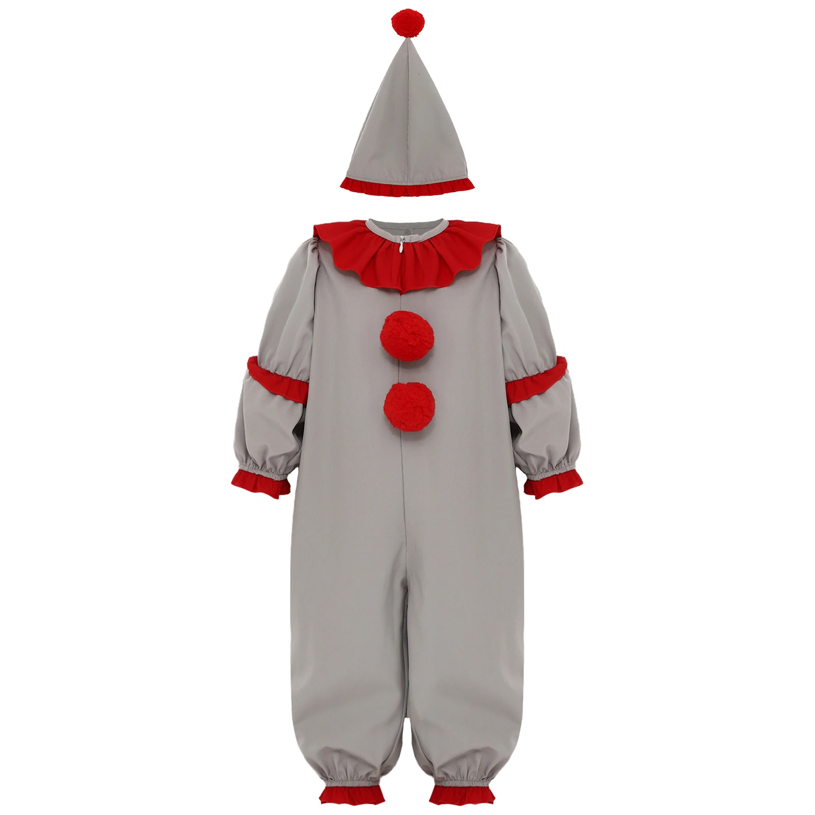Baby Clothes Halloween Gray Clown Creepy Joker Cosplay Costume Long Sleeve Red Pompom Ruffle Rompers with Hat for Carnival Party