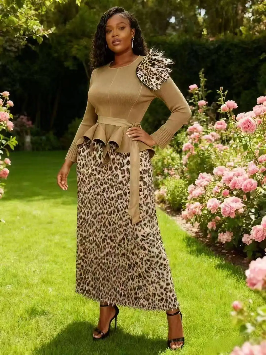 

EGRM Miyake плиссированный женский топ с длинными рукавами и леопардовым принтом, эластичная плиссированная полуюбка с эластичной резинкой на талии, одежда для выпускного вечера больших размеров 9R1250