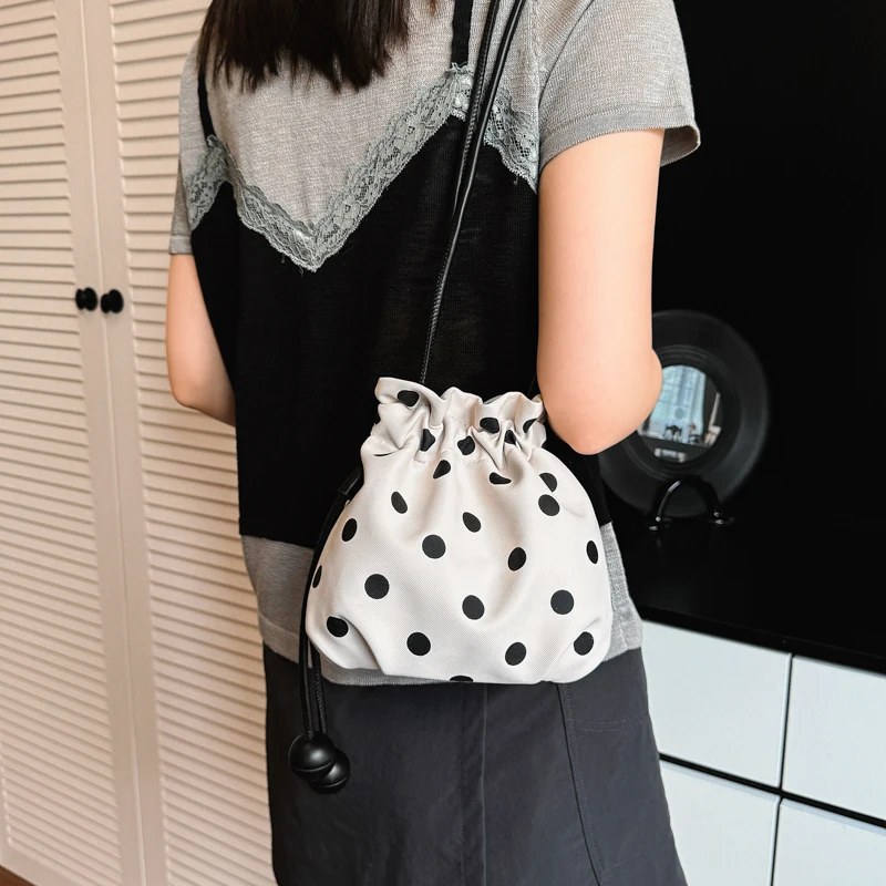 New Polka Dot Drawstring Bucket Bag Ball Decor Daily Use Small Women's Crossbody Purse Hot Sale Lightweight Fabric Shoulder Bags