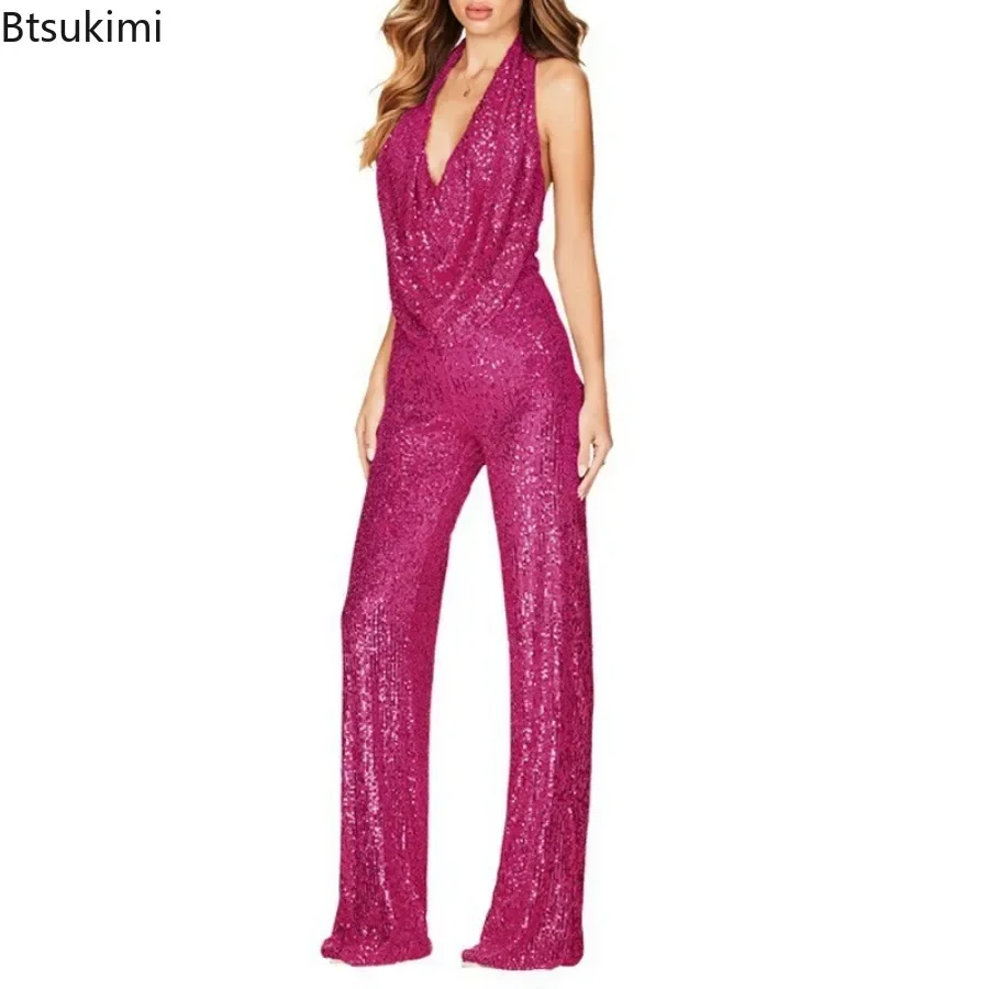 Nieuwe Pailletten Jumpsuit Vrouwen 2024 Lente Zomer Mouwloze Hangende Hals Pailletten Wijde Pijpen Jumpsuits Dame Outfits Club Party Outfits