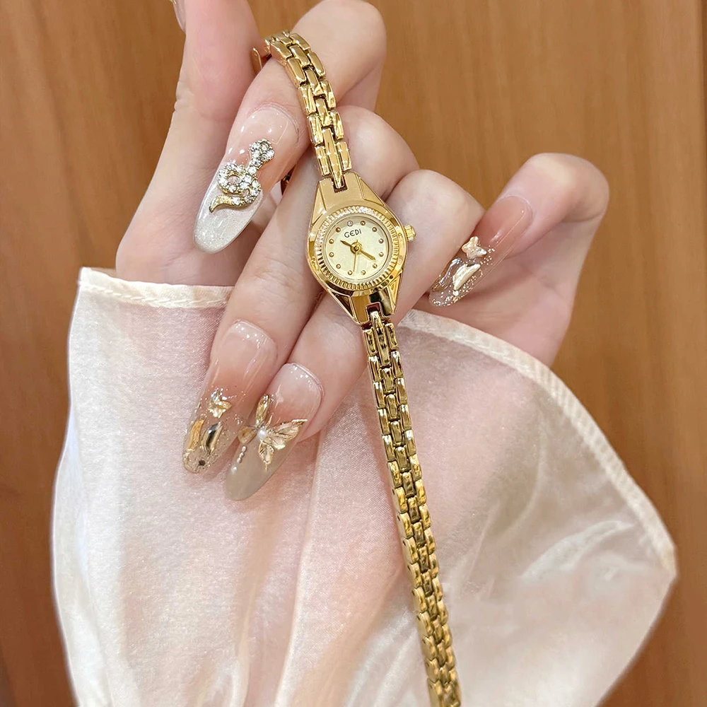 

Wristwatches GEDI Brand Luxury Original Classic Small Vintage Gold Watch Elegant Chain Bracelet Quartz Wrist Watches for Lady