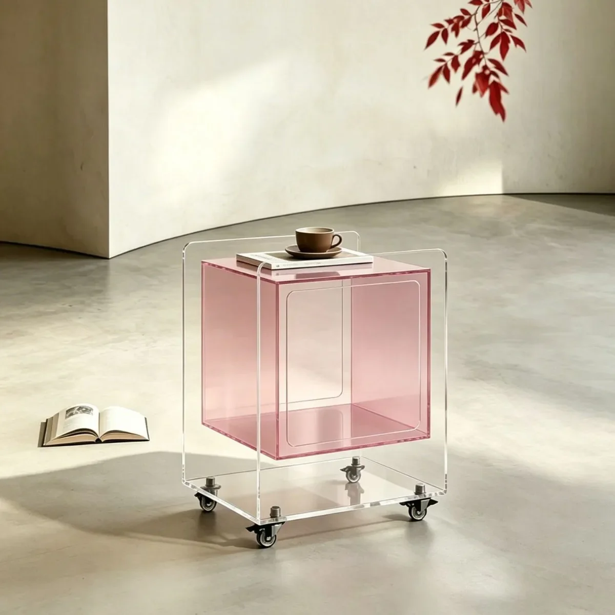 Acrylic pink bedside table simple light luxury mobile cart rack living room sofa with wheel coffeetable sidetable