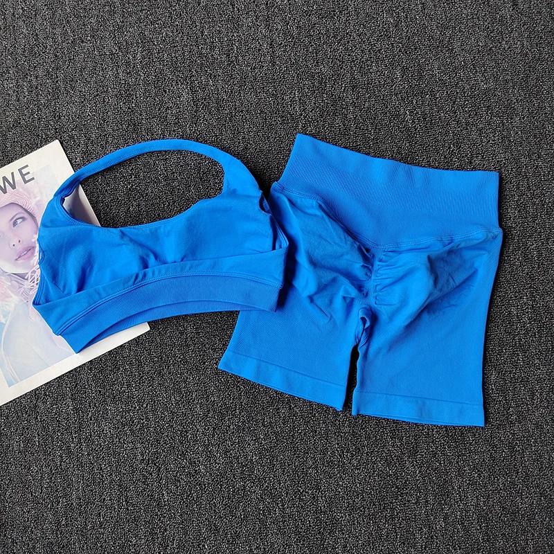 2-teiliges Set: Pfirsichfarbener High-Waist-Bauch- und Hüftstraffender Sport-BH mit Shorts, stoßfester Neckholder-Yoga-Anzug, Lauf- und Fitness-Set – Detail 7