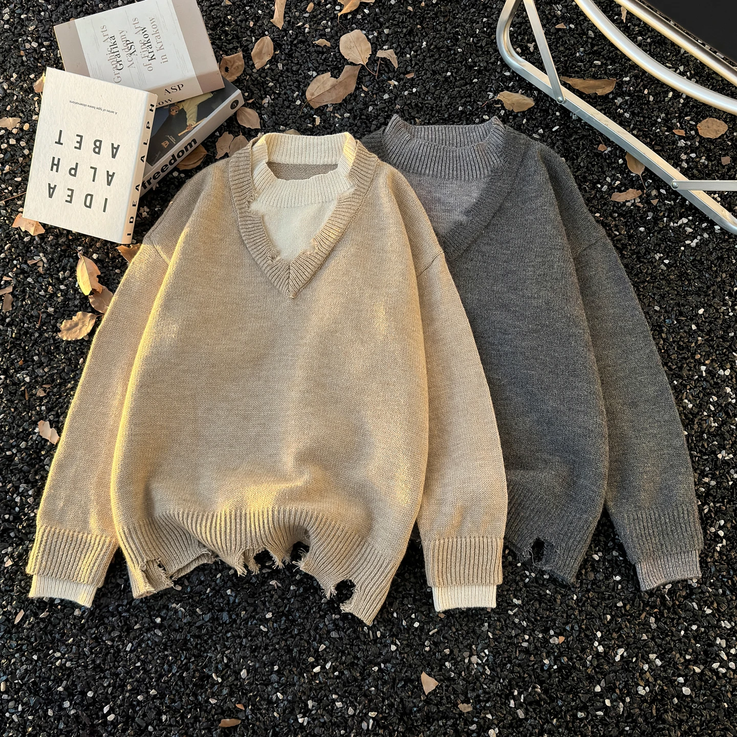 

Свободный вязаный свитер с V-образным вырезом, осенне-зимний, в американском стиле, повседневный, теплый, с эффектом двухслойности, трикотажная одежда