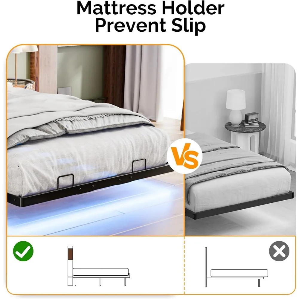 إطار سرير عائم بالحجم الكامل من VINGLI مع لوح رأسي وأضواء LED ومحطة شحن، ولوح رأسي منجد مخملي مريح، ومخفي