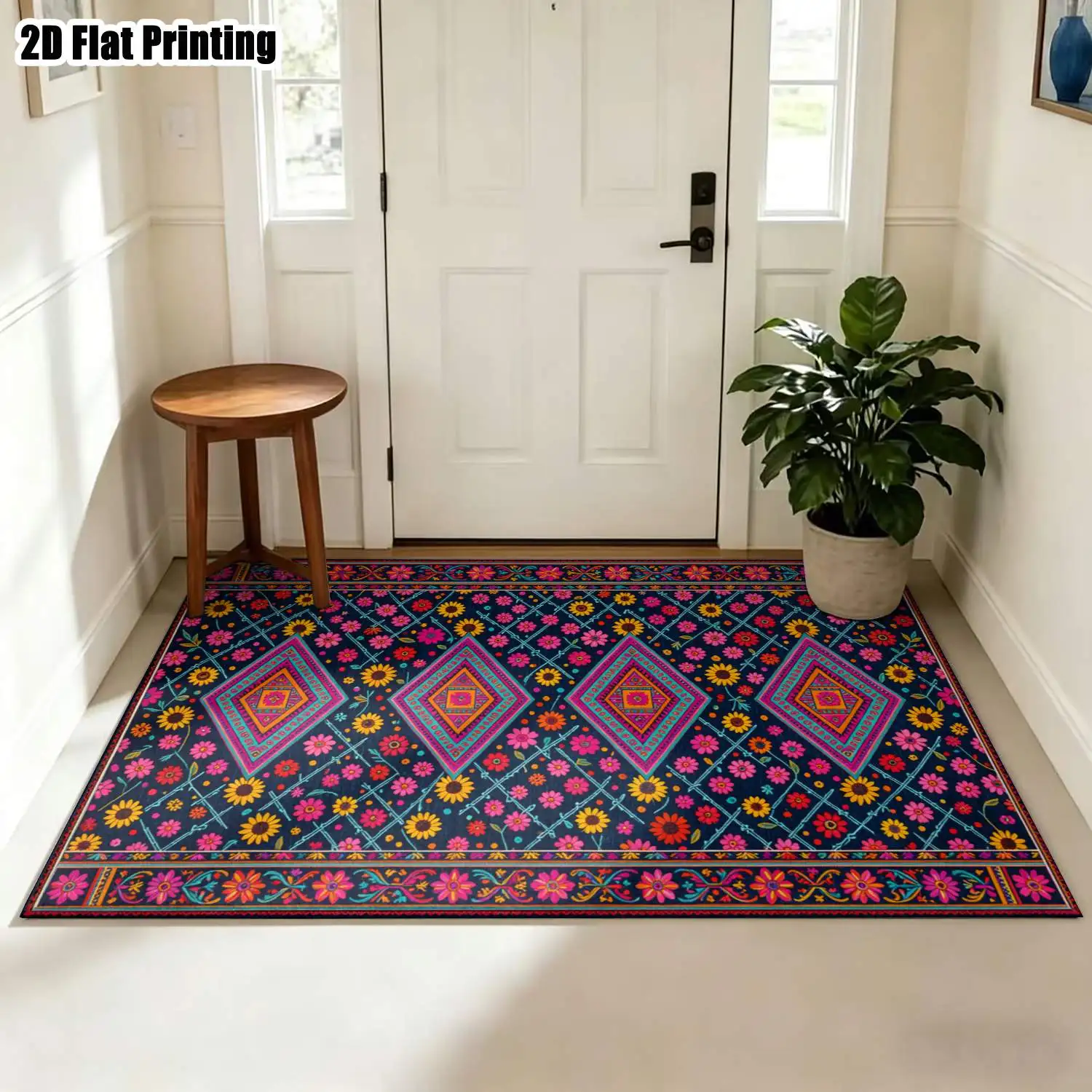 1Pc 2D Printed Carpet: Contrasting Floral & Geometric Bohemian Vintage European Style, Machine Washable, Multi-Size, Ideal for Home Decoration & Multi-Scene Use