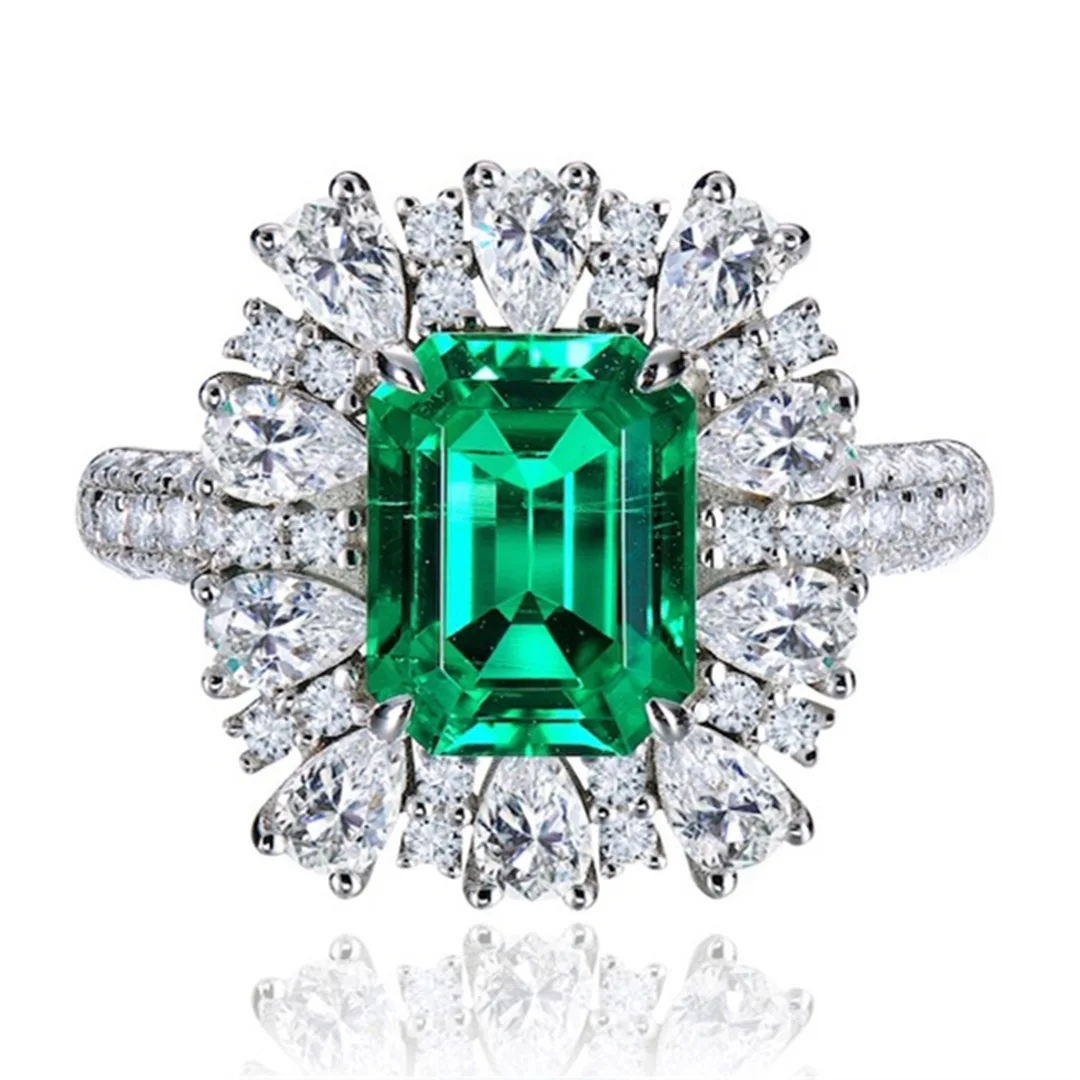 Jintuo Wai Diamond Ring Cultivation Emerald Ring, Fashion S925 Silver-plated 2-carat Green Diamond Ring Women's